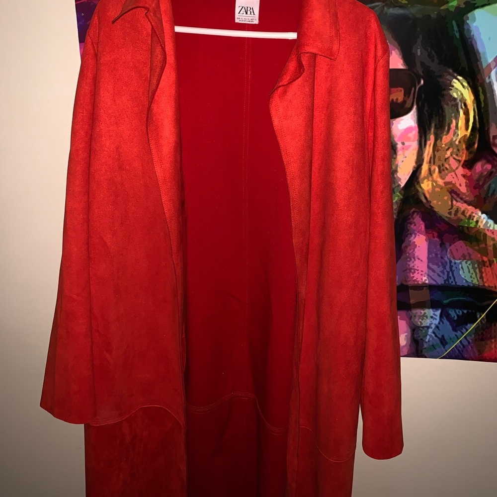 Suede red trench coat. (measurements unavailable)